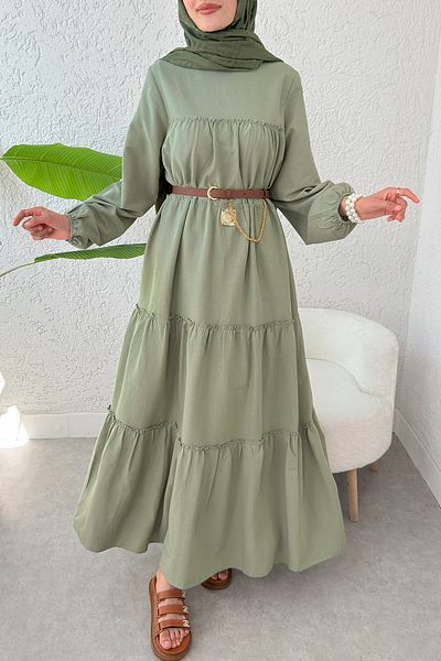 Salih Çelebi Layered Detailed Dress 2355 - Khaki