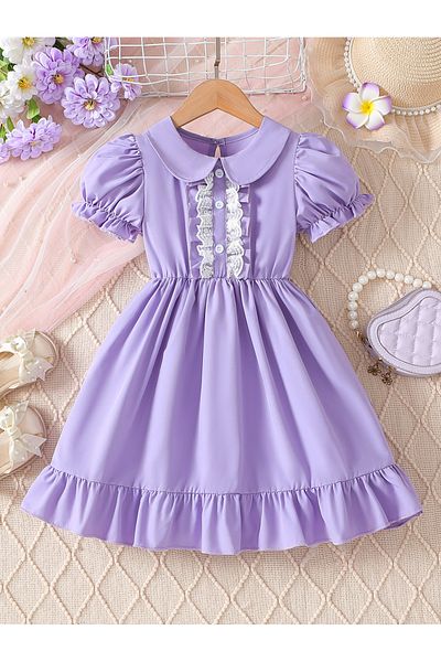 Take Two By Styli Lace Trim Button Front Dress with Ruffle Hem