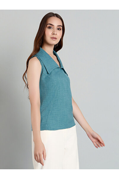 Mish By Styli Women Blue Plain Sleeveless Top with Wide Collar