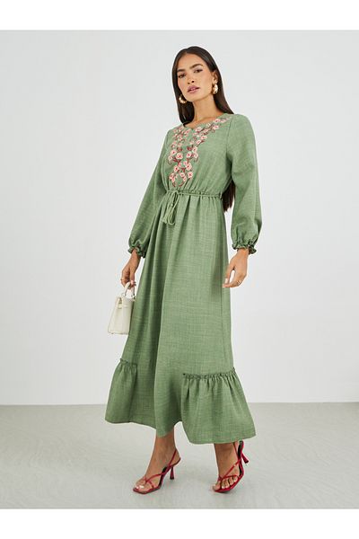 Styli Embroidered Long Sleeves A-Line Maxi Dress