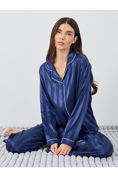 Styli Satin Jacquard Striped Piped Shirt and Pyjama Set
