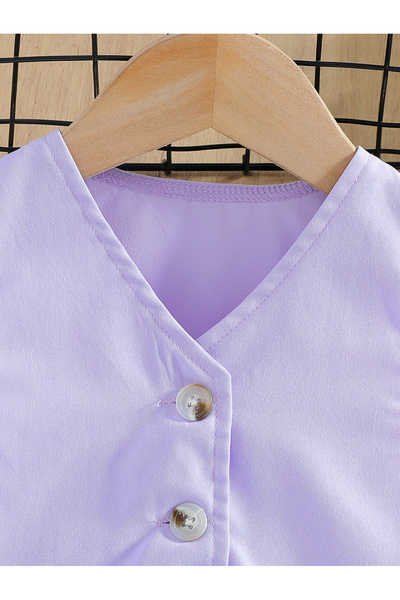 Take Two By Styli Girls Purple Button Detail Vest and Wide Leg Pants Set