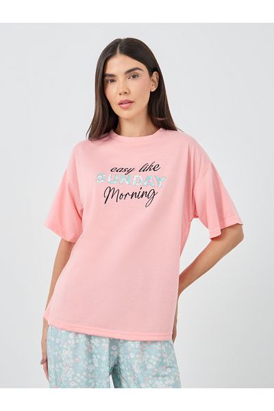 Styli Sunday Morning Slogan Drop Shoulder T-Shirt and Ditsy Floral Pyjama Set