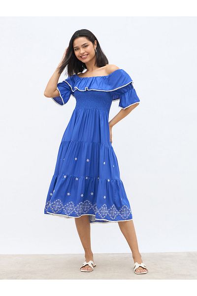 Styli Women Blue Embroidered Off-Shoulder A-Line Midi Dress with Smocking