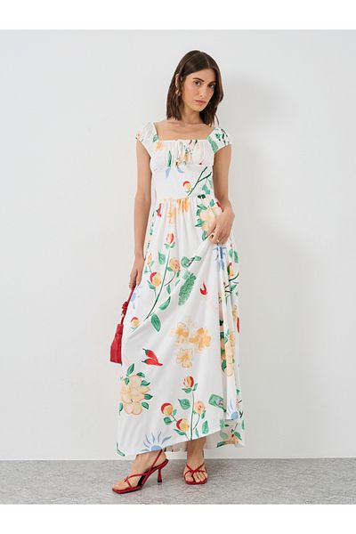 Styli Floral Print Gathered Detail A-Line Maxi Dress