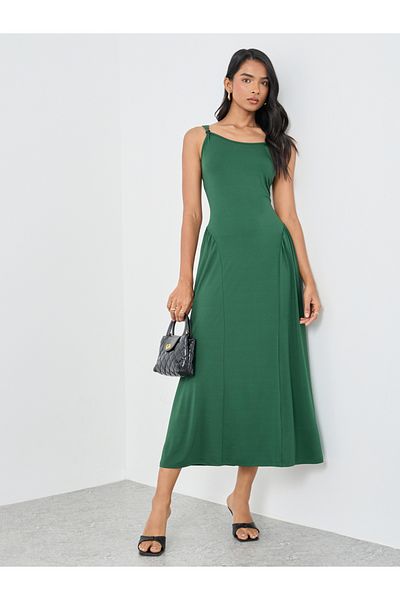 Styli Solid Sleeveless Round Neck A-Line Midi Dress