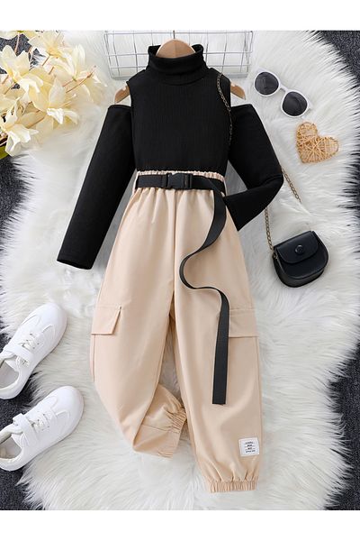 Take Two By Styli Girls Beige Cold Shoulder Top and Belted Joggers Set