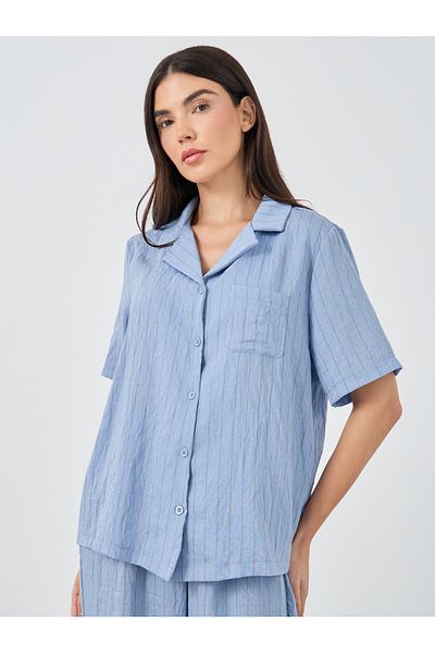 Styli Textured Striped Buttoned Shirt and Pyjama Set
