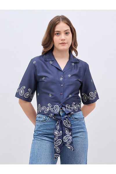 Styli Paisley Print Resort Collar Blouse with Tie Knot Detail