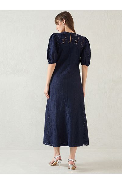 Femmella By Styli Navy Blue Solid Lace Puff Sleeves A-Line Maxi Dress