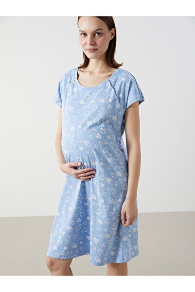 LC Waikiki Cămașă de noapte pentru gravide cu mânecă scurtă cu model albastru guler rotund