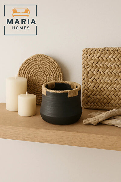 MARIA HOMES Rustic Black Ceramic Pot with Natural Jute Wrap – Small Decorative Accent