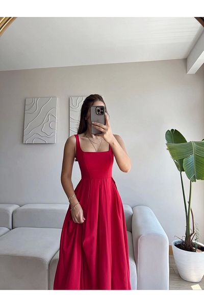 Zoom Butik Valeria Square Neck Midi Dress - Red