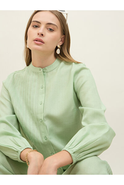 Styli Green Pintuck Detail Slub Shirt and Pants Co-Ords