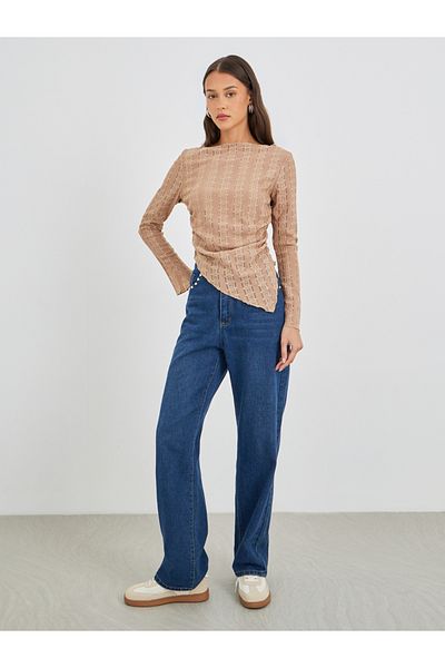 Styli Long Sleeve Asymmetrical Hem Knit Top