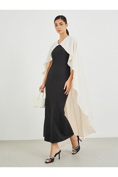 Styli Color Block Ruffled Cape Sleeve Maxi Dress