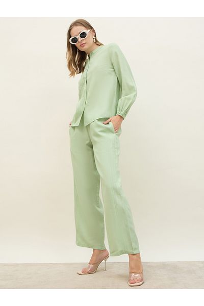 Styli Green Pintuck Detail Slub Shirt and Pants Co-Ords