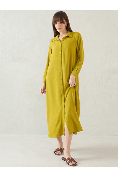 Femmella By Styli Green Solid Long Sleeve Shirt Midi Dress with Button Front