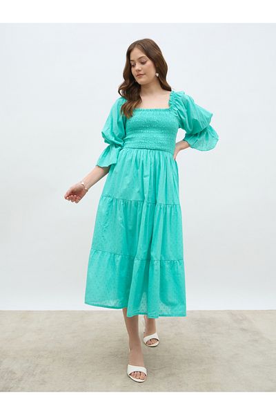 Styli Smocked Detail Square Neck A-Line Midi Dress