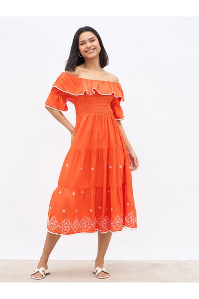 Styli Embroidered Smocked Off-Shoulder Tiered Midi Dress