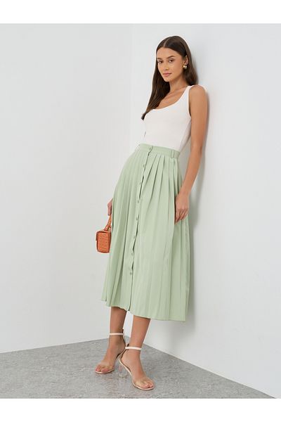 Styli Pleated Buttoned A-Line Midi Skirt