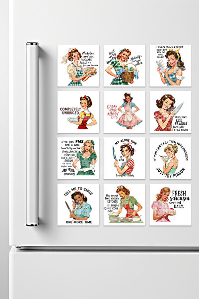 giftkonsept Komik Ev Hanımı Retro Baskılı Dekoratif Buzdolabı Süsü 12'li Magnet