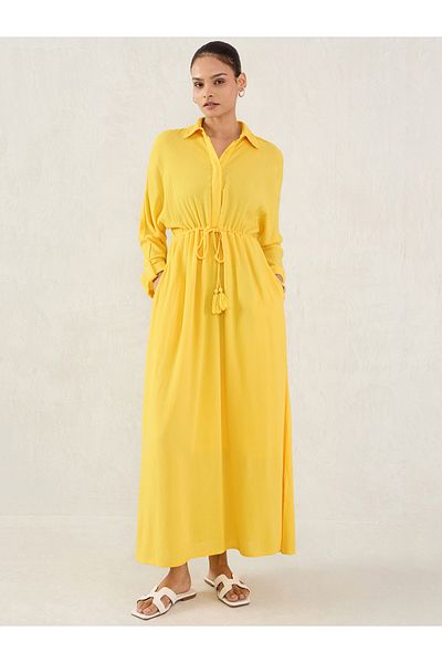 Femmella By Styli Yellow Crinkled Collared A-Line Maxi Dress with Drawstring Waist