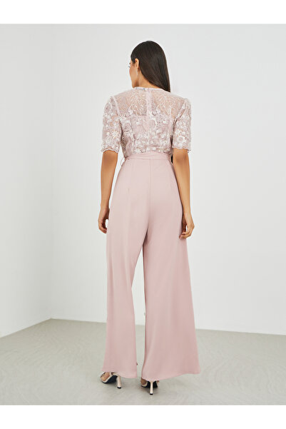 Styli Lace Insert Waist Tie-Up Wide Leg Jumpsuit
