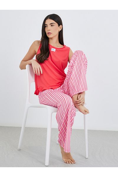 Styli Women Coral Patch Detail Tank and Striped Placket Detail Pyjama Set