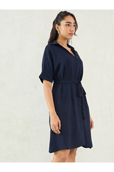 Femmella By Styli Navy Blue Crinkled Button Down Shirt Knee Length Dress
