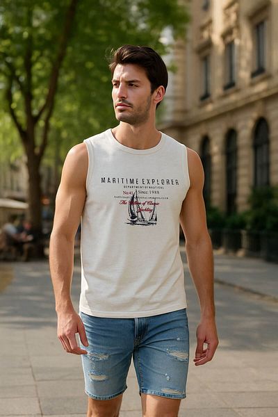 MARKAPIA Men's Crew Neck Printed Light Blue Sleeveless T-Shirt