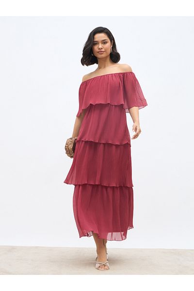 Styli Solid Off-Shoulder Tiered Maxi Dress