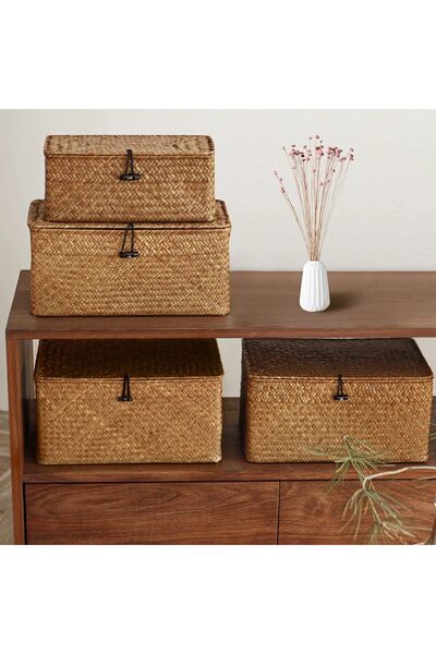 genric FFD Set of 3 Storage Basket with Lid Shelf Basket Seagrass Storage Basket Natural Rattan Woven