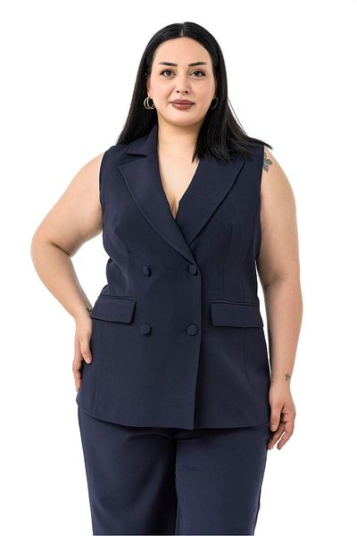 DISENTIS MODEST Plus Size Plated Buttoned Vest Trousers Navy Blue Double Suit