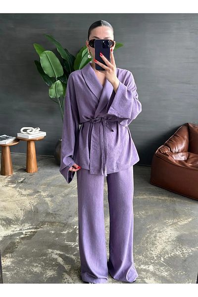 My Blog Lilac Shawl Collar Kimono Pants Set - 98655