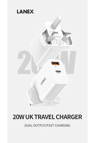 Lanex Lanix LC63U Home Charger Head with 2 USB-A and PD USB-C Ports, 20W PD Fast Charging, White