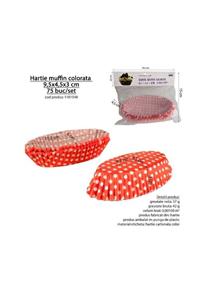 gogiva Muffin paper set, Oval, Red with white polka dots, 9.5x4.5x3.9 cm, 75 pcs