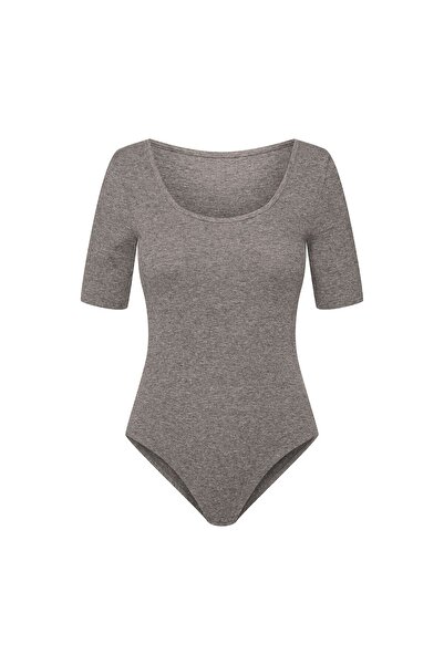 ESOTIQ Women's Bodysuit Ribbed with Round Neck and 1/3 Length Sleeve Everyday Wear | Ryoko