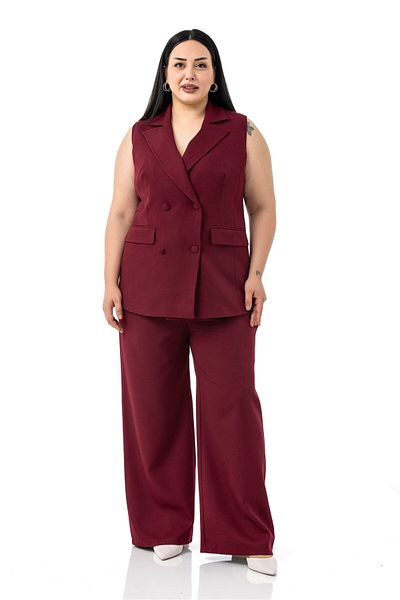 DISENTIS MODEST Plus Size Plated Buttoned Vest Trousers Burgundy Double Suit