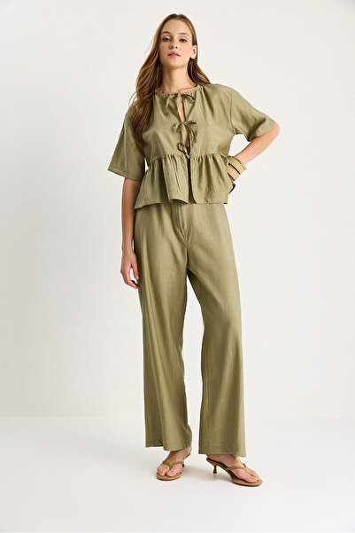 Bianco Lucci Women's Lacing Detailed Short Sleeve Blouse Pants Bottom-Top Suit 9265 60281014