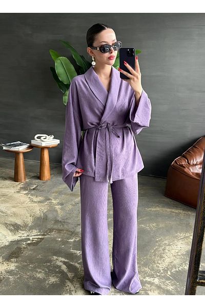 My Blog Lilac Shawl Collar Kimono Pants Set - 98655