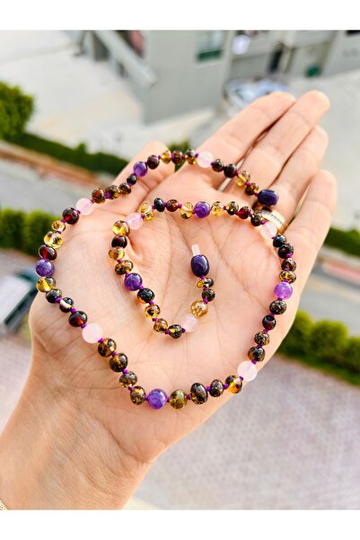 Kehribarkolyecimm Kehribar ametist pembe kuvars kombini yetişkin kolye