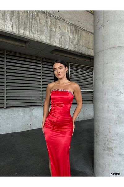 mafdress Women's Red Satin Fabric Stone and Slit Detail Evening Dress