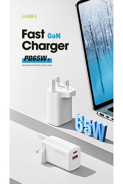 Lanex Lanix LC59U 65W Dual USB Type-C Wall Charger with GAN Support, White