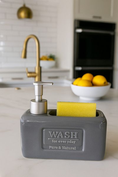 MAKRİ HOME Stylish and Functional Ceramic Liquid Soap Dispenser/Detergent Dispenser with Sponge Holder, Gray, 500 ml