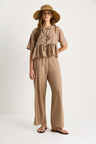 Bianco Lucci Women's Lacing Detailed Short Sleeve Blouse Pants Bottom-Top Suit 9265 60281014