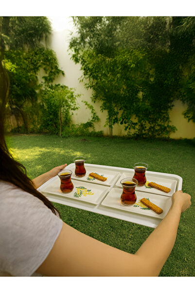 Piatti Naturali 7 Piece Ceramic Tea and Treat Plate Set Mimosa Pattern Handmade – Double Layer Presentation Bowl