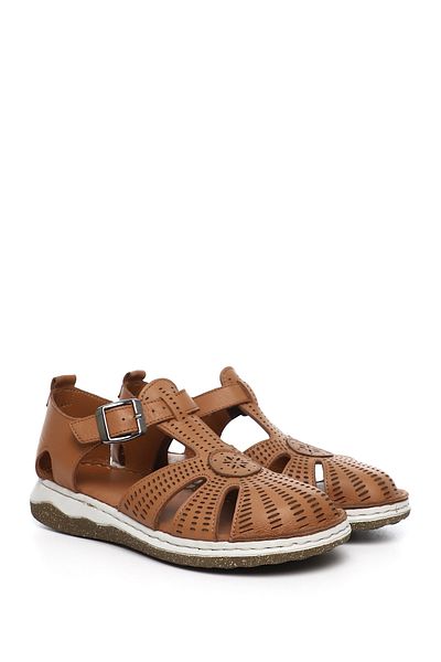 GÖNDERİ(R) Women / Girls Tan Wedge Heel Genuine Leather Sandals