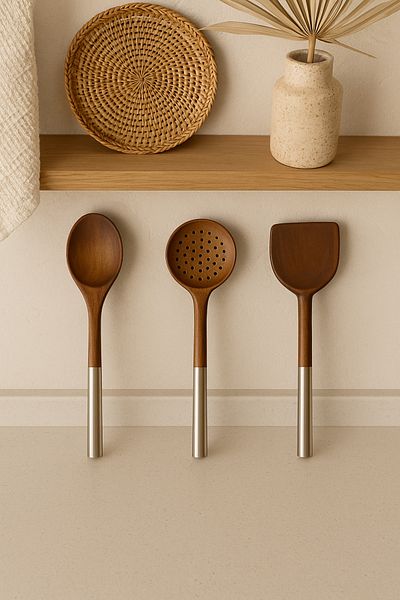 Kitchen Life 3 Piece Steel Handle Serving Set - Acacia Serving Spoon Spatula Scoop Set Serving Set