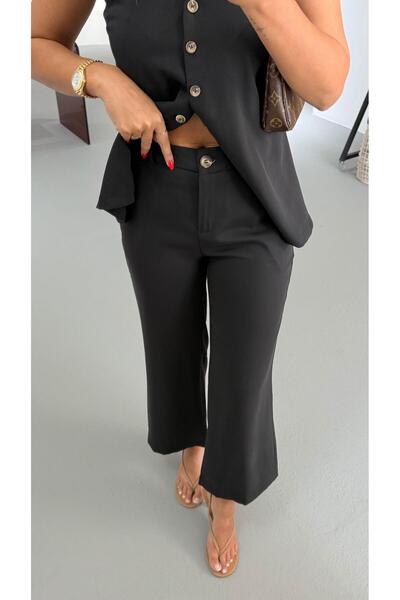 Sezgi Tekin Bone Button Detail Black Flare Trousers